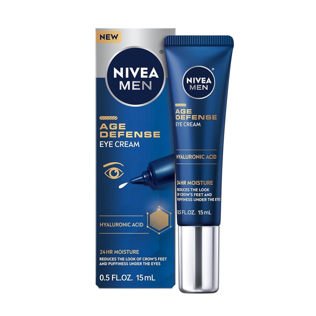 NIVEA MEN Age Defense Eye Cream with Hyaluronic Acid, 24Hour Hydrating Under Eye Cream for Men Helps Reduce Look of Crow's Feet, Fine Lines and Dark Circles, 0.5 Fl Oz Tube