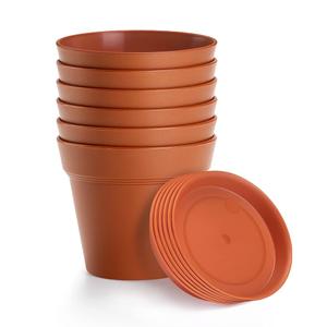 4Pack Plastic Plant Pots with Drainage Holes and Tray, 7 inch Thickened Indoor Planters Seedlings Nursery Pots for Flowers, African Violet, Succulent and All House Plants, Terracotta