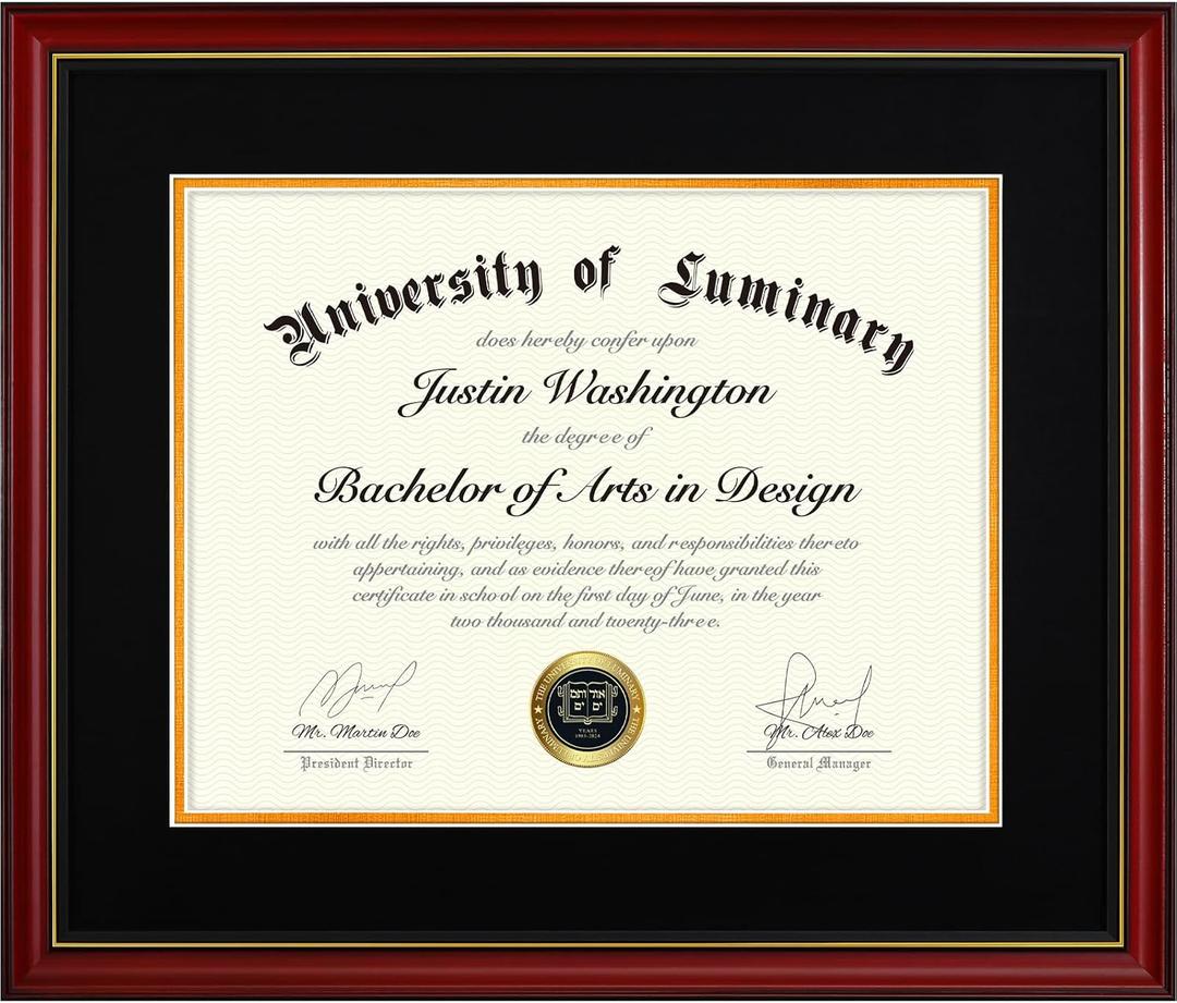 Luminary 15x18 Wood Diploma Frame with 11x14 Opening Black Mat for College Degree Certificate Document, Cherry Red Color Wooden Frame with Tempered Glass Panel for Wall Mount Display