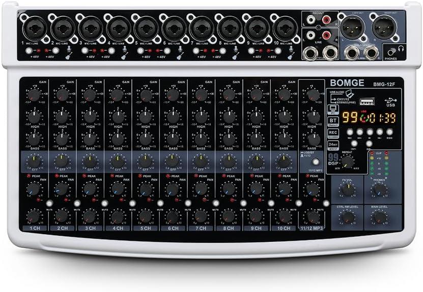 BOMGE 12 Channel Professional Audio Mixer, Bluetooth Studio Mixer with USB, 48V Power, XLR/RCA Inputs, 99 DSP Effects For Professional and Beginners (12F-W)