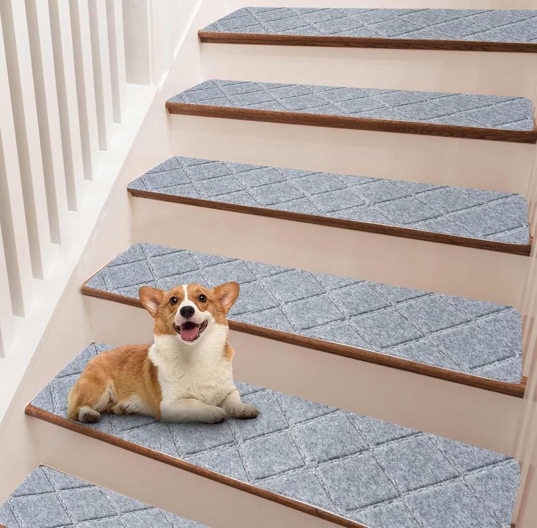 Stair Treads for Wooden Steps, 8" x 30" Non Slip Stair Runner, Peel and Stick Carpet Stair Treads with Reusable Adhesive, Indoor Stair Rugs Covers Mats Pads for Kids Elders Dogs, Light Grey 15Pcs