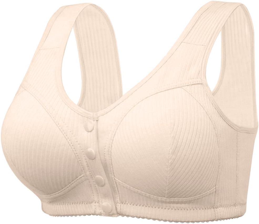 Ribbed Bras for Women Front Closure No Underwire Comfort Senior Wireless Snap Closing Bra (Beige) 42D