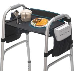 Tray for Walkers for Seniors with Cup Holder - Walker Accessoriesw/Pockets, Cup Holder & Non Slip Mat for FoodMobility Trays Fits Most Standard Folding Walkers, Easy & Removable Assembly