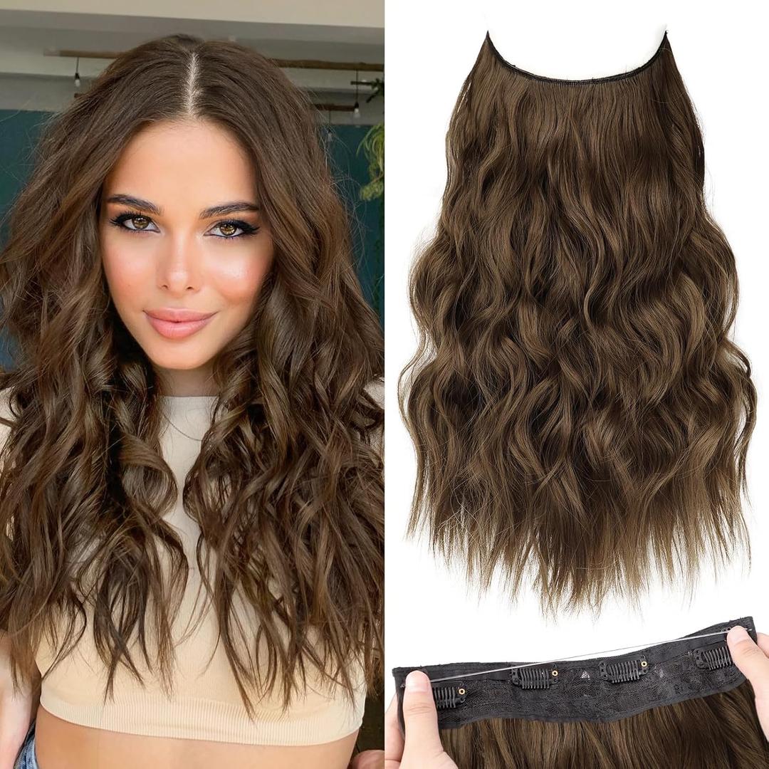 KooKaStyle Invisible Wire Hair Extensions with Transparent Headband Adjustable Size 4 Secure Clips Long Wavy Secret Wire Hairpiece for Women (16 Inch, Chestnut Brown)