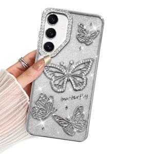 BITOBE Designed for Samsung Galaxy S24 / S25, Cute 3D Butterflies Case Slim Plating Glitter Bling Luxury Rhinestone Cover for Women Girls Protective Camera Protection Bumper 6.2" Silver