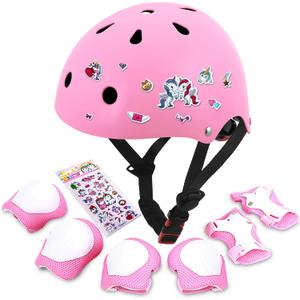 Kids Bike Helmet with DIY Stickers and Knee Pads Elbow Pads Wrist Guard Set for Ages 3-8-14 Toddler Boys Girls Helmet for Roller Skates Cycling Skateboarding Bicycle Scooter (Medium, Pink)
