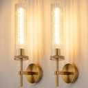 19.5" Knurled Gold Hardwired Wall Sconces Set of 2, Bathroom Vanity Light Fixtures with Vertical Striped Glass Tube, Modern Lamp Lighting for Bedroom, Living Room, Hallway, Staircase, Mirror, Kitchen