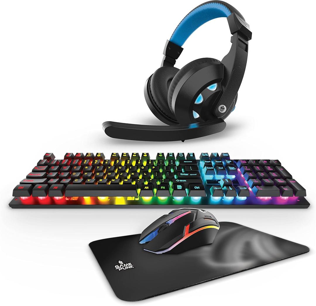 Game Punk 4-Piece PC Gaming Bundle with RGB Backlit Keyboard, Wireless LED Mouse, Mouse Pad, and Light-Up Gaming Headset with Microphone, Ergonomic Gamer Accessories, Compatible with PC and Console