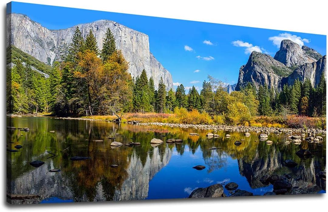 Canvas Wall Art Lake Mountain Forest Nature Picture Bedroom Living Room Large Modern Canvas Artwork Yosemite National Park Landscape for Office Kitchen Home Wall Decor Framed Ready to Hang 24" x 48"