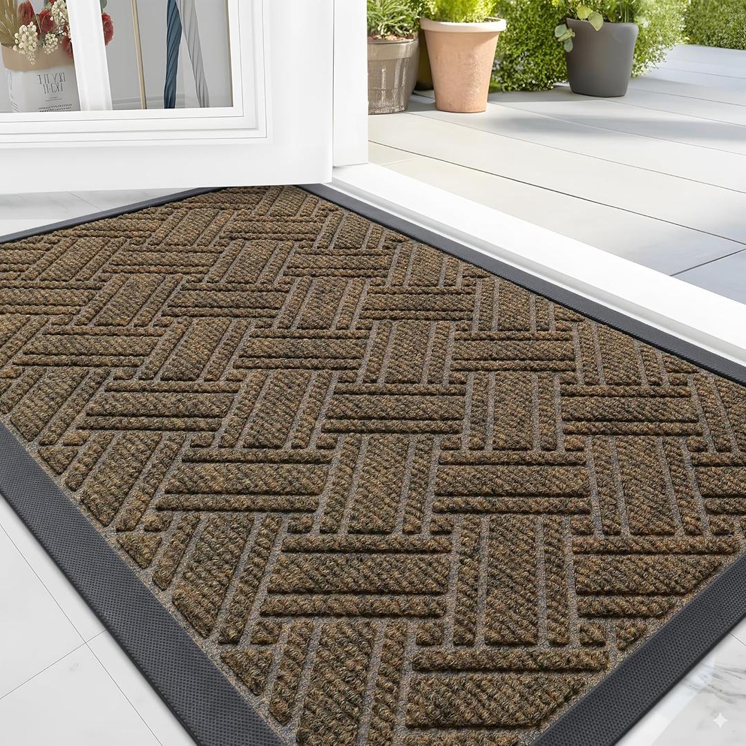 OLANLY Indoor Outdoor Mat, Sturdy Natural Rubber Floor Mat, Non-Slip Low Profile Waterproof Doormat, and Stain Front Door Mats, Easy Clean Patio Entrance Mat, 36''x24'', Brown