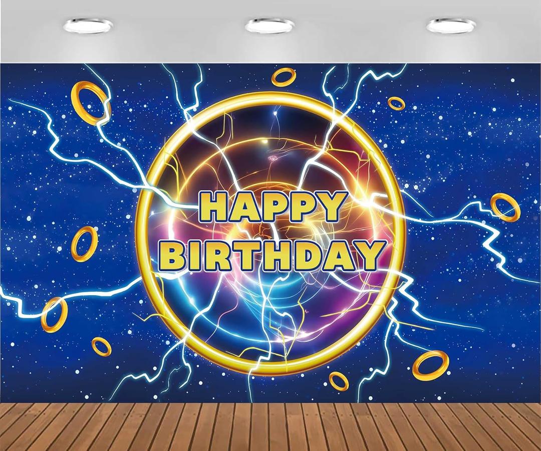 5.9x3.6ft Cartoon Blue Lightning Birthday Party Backdrop Golden Rings Happy Birthday Party Decorations