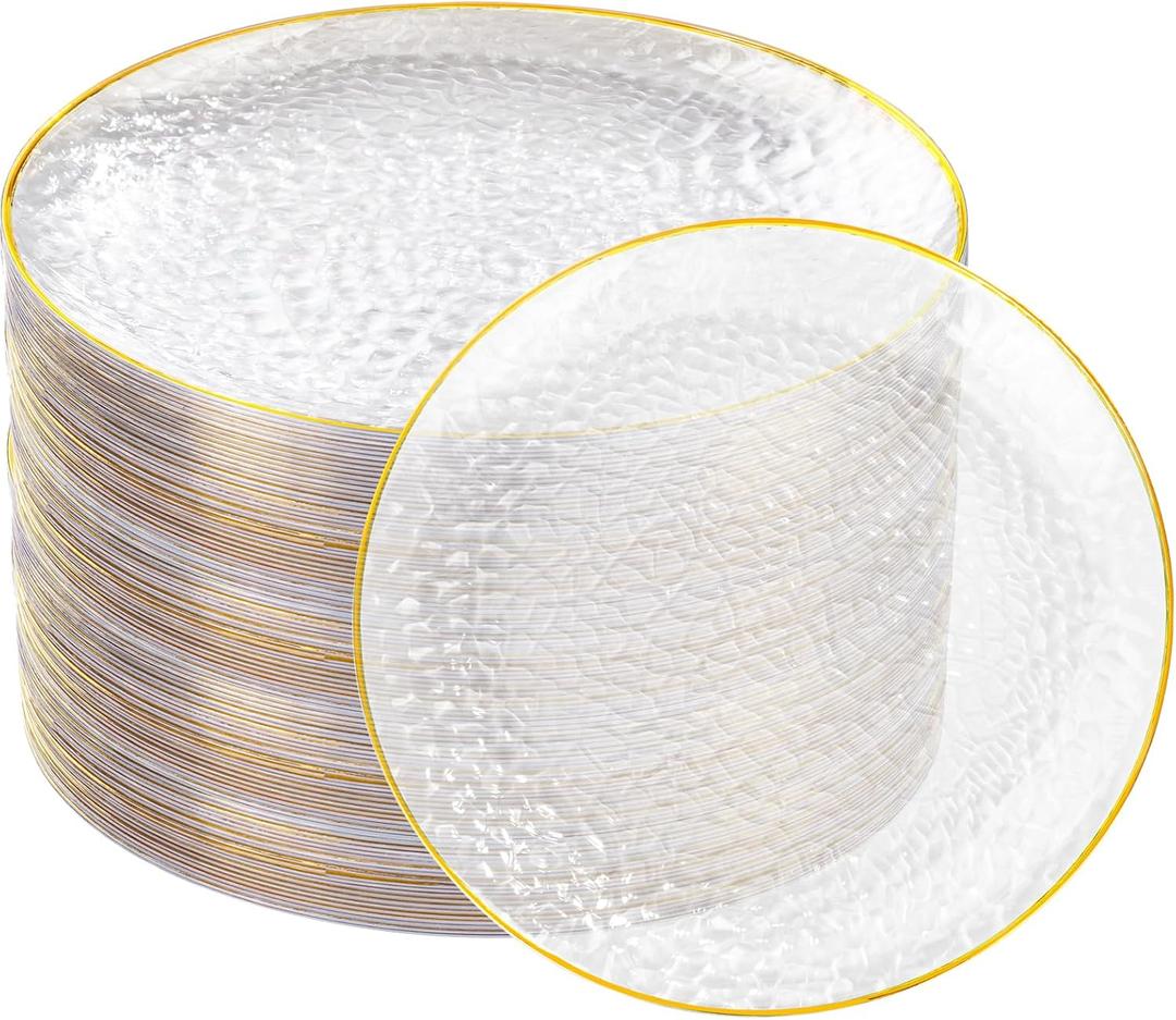 Rubtlamp 100 Pcs Gold Plastic Plates, 10 inch Clear Gold Dinner Plates, Hammer Pattern Design, Fancy Disposable Plate, Heavy Duty Party Plate Ideal for Party