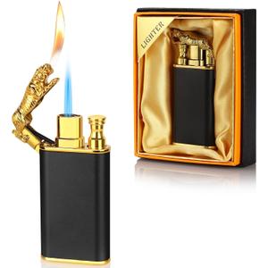 4 x Magic Dual Flame Tiger Lighter, Butane Refillable Torch Lighter Double Flame Tiger Lighter Switchable Windproof Jet & Soft Fire Cool Lighter Creative Gift for Men (Black, Without Gas)
