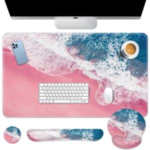 Britimes Keyboard Mouse Pad Set 4in1 Large Mousepad+Keyboard Wrist Rest+Mouse Wrist Rest+Coaster Set with Ergonomic Design for Home Office Computer 35.4x15.7Inches(Blue Sea Pink Sand Beach)