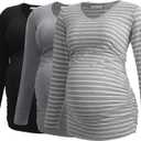 Smallshow Women's V-Neck Maternity Shirt Clothes Long Sleeve Ruched Pregnancy Top (X-Large, Black-light Grey-light Grey Stripe(3 Pack))