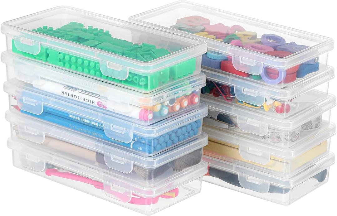 Swuj Clear Plastic Pencil Case Box 10 Pack, Stackable Craft Storage Organizer for Pens Markers Art Supplies, School Office Hobby Container with Snap Lid (Rectangle Flat - 10 Pack)