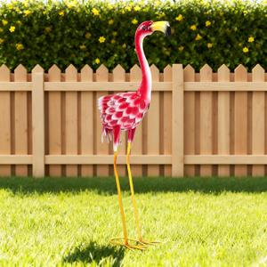 Flamingo Garden Metal Statues - Pink Flamingo Sculptures, Metal Birds Yard Art Outdoor Statue, Outdoor Backyard Decor, Patio, Porch, Lawn Ornament Large Iron Yard Decoration - 33 Inch