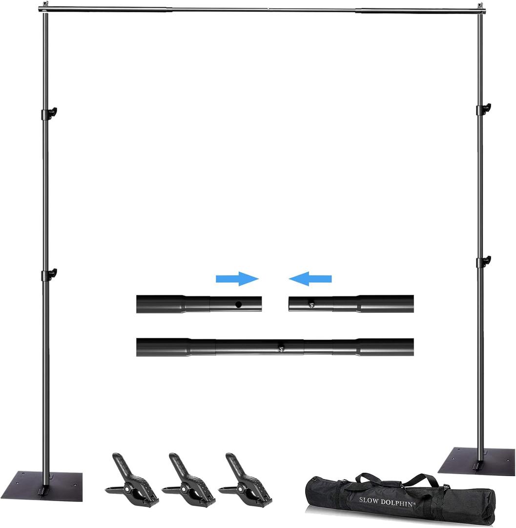 SLOW DOLPHIN Pipe and Drape Photography Backdrop Stand Kit Adjustable Photo Background Stand 10ft x 6.5ft with Metal Base for Parties Weddings Birthday Party Events Photo Booth