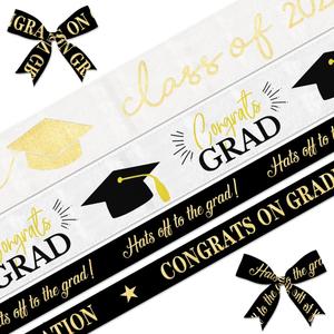 3 x 4 Pieces Class of 2025 Graduation Ribbon 5 Yards, Congrat Grad Words Graduation Cap Ribbons Gold White Black Decor Ribbons for Graduations Ceremony Gift Wrapping Party Decoration Crafts Supplies
