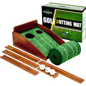 Putting Green Indoor,Golf Putting Mat with Auto Ball Return,Premium Crystal Velvet Surface, Practice Putting mat, Perfect Training Aid & Gift for Golf Lovers Christmas (Dark brown two holes)