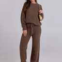 ANRABESS Women's Fuzzy Fleece Pajama Sets 2 Piece Outfits Long Sleeve Top Wide Leg Pants Lounge Matching Set 2025 Fall Winter (Brown, L)