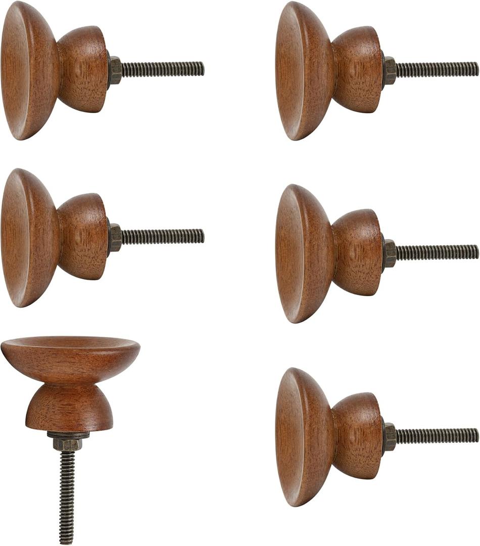 Ellementry Set of 6 Handcrafted Wooden Cabinet Knobs Brown Concave Decorative Drawer Knobs for Dresser, Cupboard & Furniture Artisan Furniture Hardware for Kitchen and Wardrobe