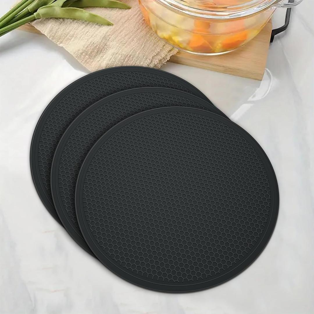 3 Pack Trivets for Hot Dishes - Hot Pads for Kitchen Essentials Set Accessories, Silicone Pot Holders for Hot Pans, Desktop Mats for Kitchen Countertops, Flexible Easy to Wash and Dry-Black