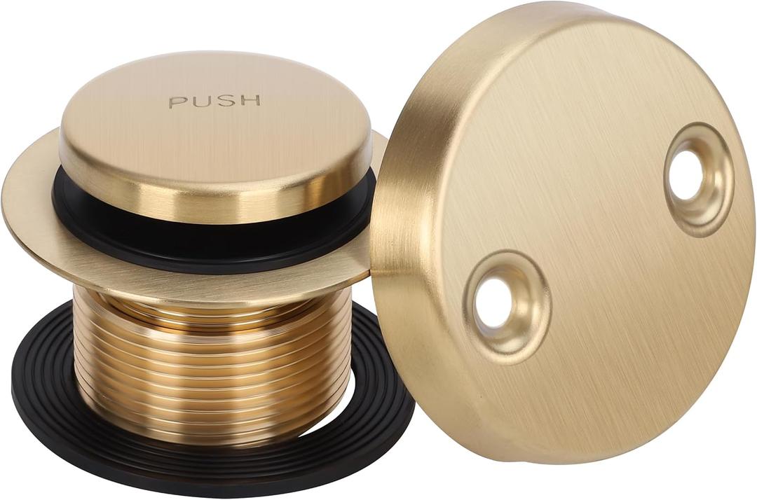 PRIMSOPH Tip-Toe Tub Drain Trim Kit with Two Hole Overflow Faceplate Conversion Kit Assembly Universal Fine Coarse Thread Replacement Brushed Gold