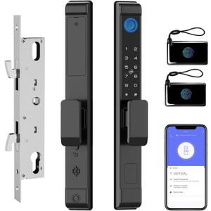 Sliding Glass Door Lock eLinkSmart Slim Smart Mortise Lock with Hook, Waterproof Keyless fit Thickness 22~110mm Aluminum Keypad for Patio Door Fingerprint Tuya App