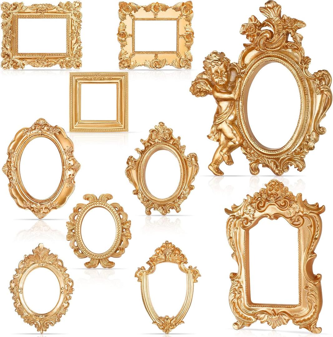 Yulejo 10 Pcs Vintage Gold Mini Frames Set, Baroque Victorian Ornate Decorative Frames for Gallery Wall Decor, DIY Jewelry Display, Antique Frame for Home, Wedding, Room, No Glass or Backing (Gold)