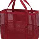 Fammart Mesh Beach Bag for Women, Large Beach Toy Pool Bag with Zipper Pocket, SandProof Cruise Essentials 2026 Family Travel Red 