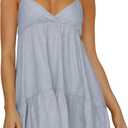 Womens V Neck Crisscross Backless Dresses Tie Back Sleeveless Ruffle Hem Flowy Swing A-Line Vintage Summer Mini Dress (Light Blue)