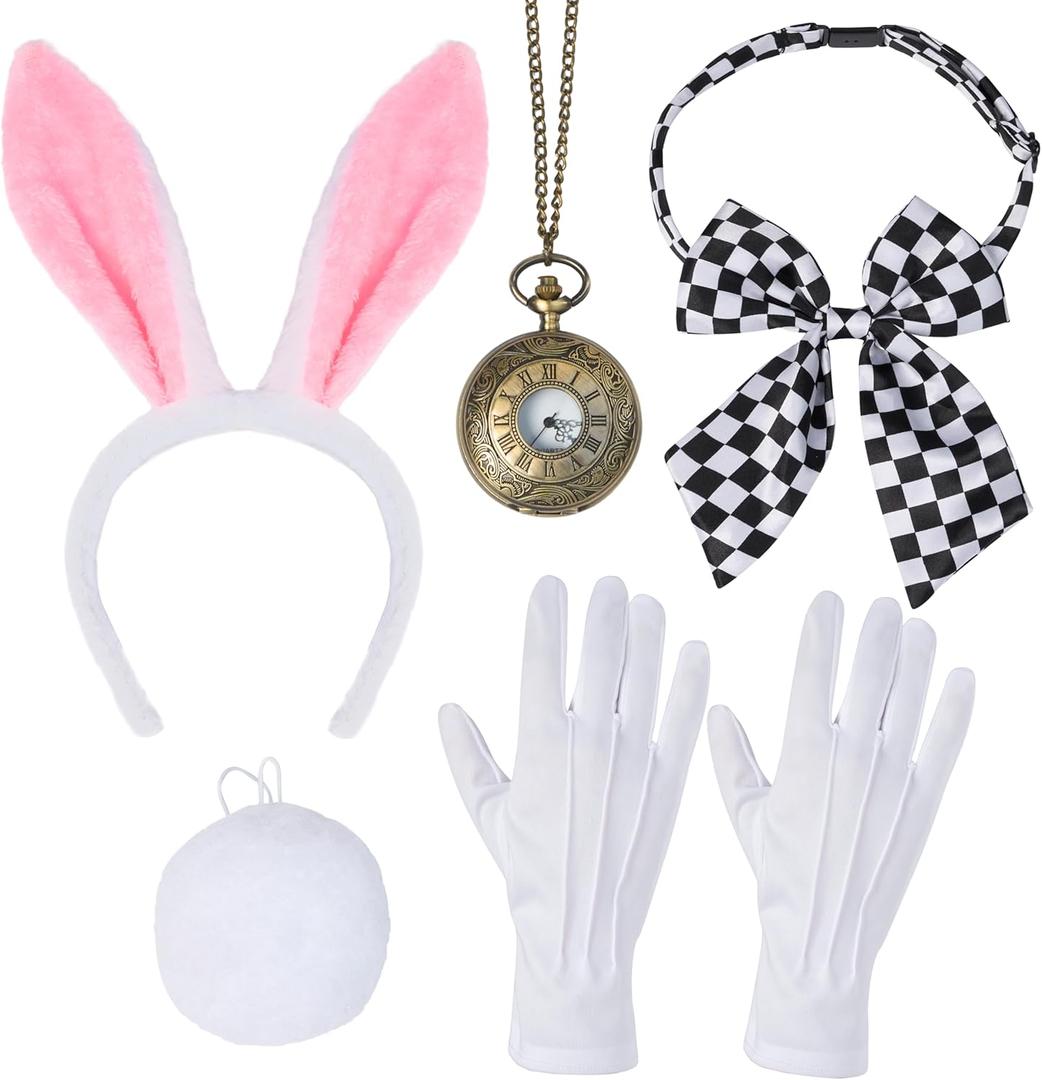 Spooktacular Creations White Bunny Accessory Set, Bunny Costume with Headband Bow Tie, Tail, Gloves, Pocket Watch for Women, Halloween Rabbit Costume, for Women for Role Play and Party