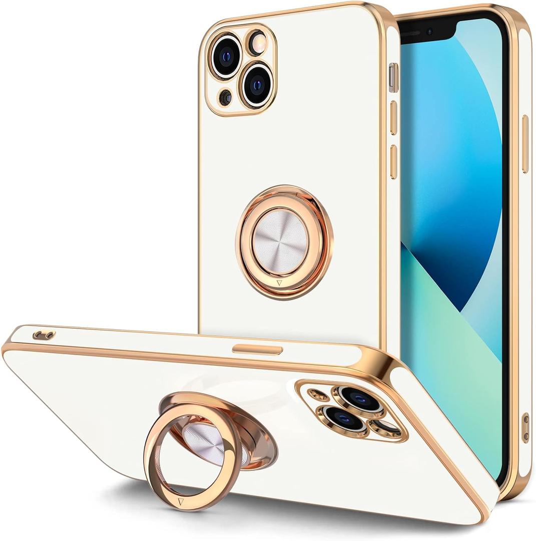 Hython for iPhone 13 Case with Ring Stand [360Rotatable Ring Holder Magnetic Kickstand] [Plated Rose Gold Edge] Slim Soft TPU Cover Luxury Protective Phone Case for Women Men, White