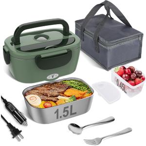 Vabaso Electric Lunch Box for Adults, 80W Heated Lunch Box Portable Food Warmer Lunch Box for Work/Men/Car/Truck with 1.5L 304 Stainless Steel Container Fork & Spoon, 110V/12V/24V