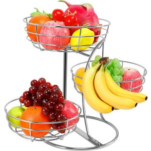 Livabber Fruit Basket Bowl with Banana Hanger, Fruit Vegetable Storage Basket with Banana Tree Holder for Kitchen Counter, Detachable Organizer for Bread Snack Produce (Chrome, 3-Tier Metal Base)