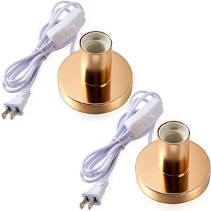 Tuanse 2 Pcs Polished Metal Desktop Lamp Base E26 E27 Screw Light Bulb Holder Sockets Night Light Base Lamp Replacement for Holding Bulb 6 Feet Cord on Off Switch Plug(Gold)