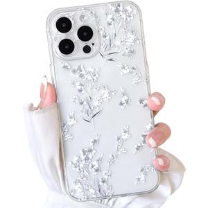 NITITOP Compatible with iPhone 16 Pro Case Cute Clear Flower Floral Artistic Design for Women Girls Stylish Slim Soft TPU Shockproof Protective Girly Phone Cover - White