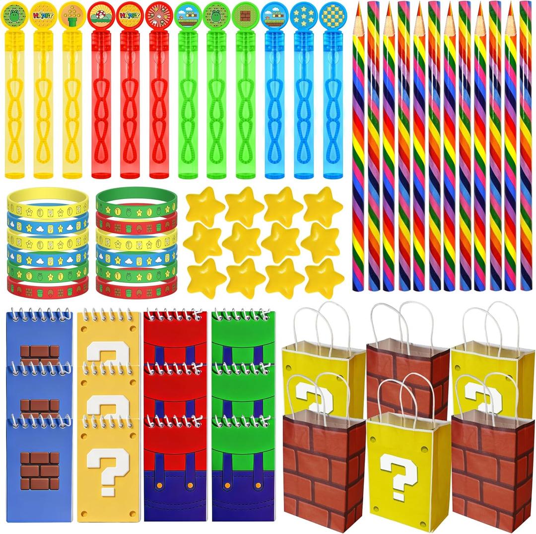 72pcs Super Bros Party Favors, Birthday Party Supplies Including Stress Relief Stars, Notebooks, Rainbow Pencils, Silicone Bracelets, Game On Gaming Party Gifts Classroom Rewards for Kids