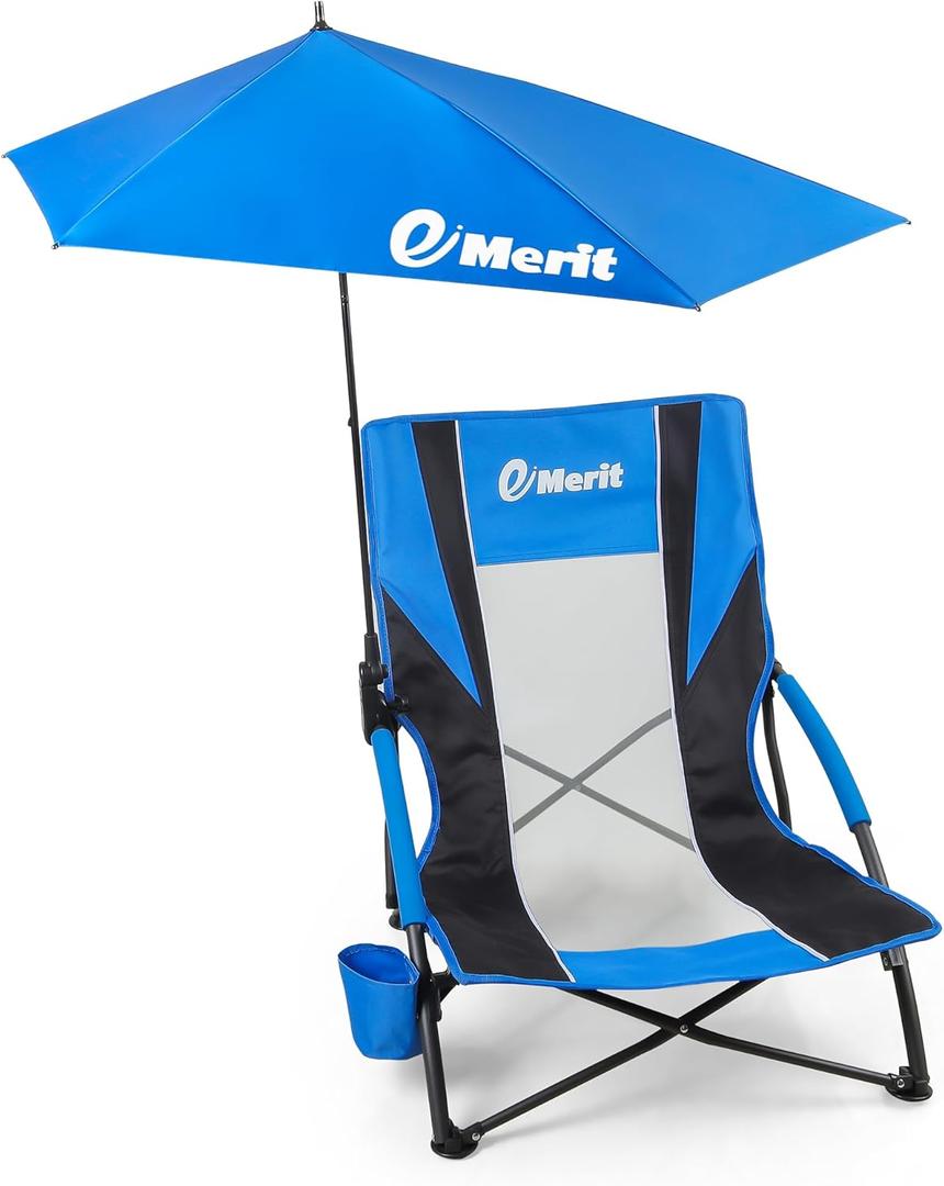 EMERIT Low Beach Chairs for Adults, Sling Beach Chair with Umberalla, Folding Backpack Camping Chair with Cup Holder (Blue & Black)