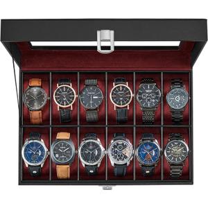 SONGMICS Watch Box, 12-Slot Watch Case with Large Glass Lid, Removable Watch Pillows, Watch Box Organizer, Gift for Loved Ones, Black Synthetic Leather, Wine Red Lining UJWB120R01