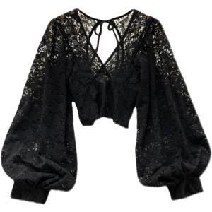 Womens Lace Blouse Long Sleeve Cute Thirt Lace Top Fairy Grunge Clothes Cottagecore Clothing Gothic Shirt (One Size, Black)