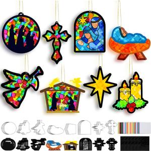 DoubleFill 48 Pcs Christmas Nativity Suncatchers Craft Kits Christian Religious Christmas Crafts Nativity Stained Glass Tissue Paper Craft Kit for Window Art Activities Xmas Decoration