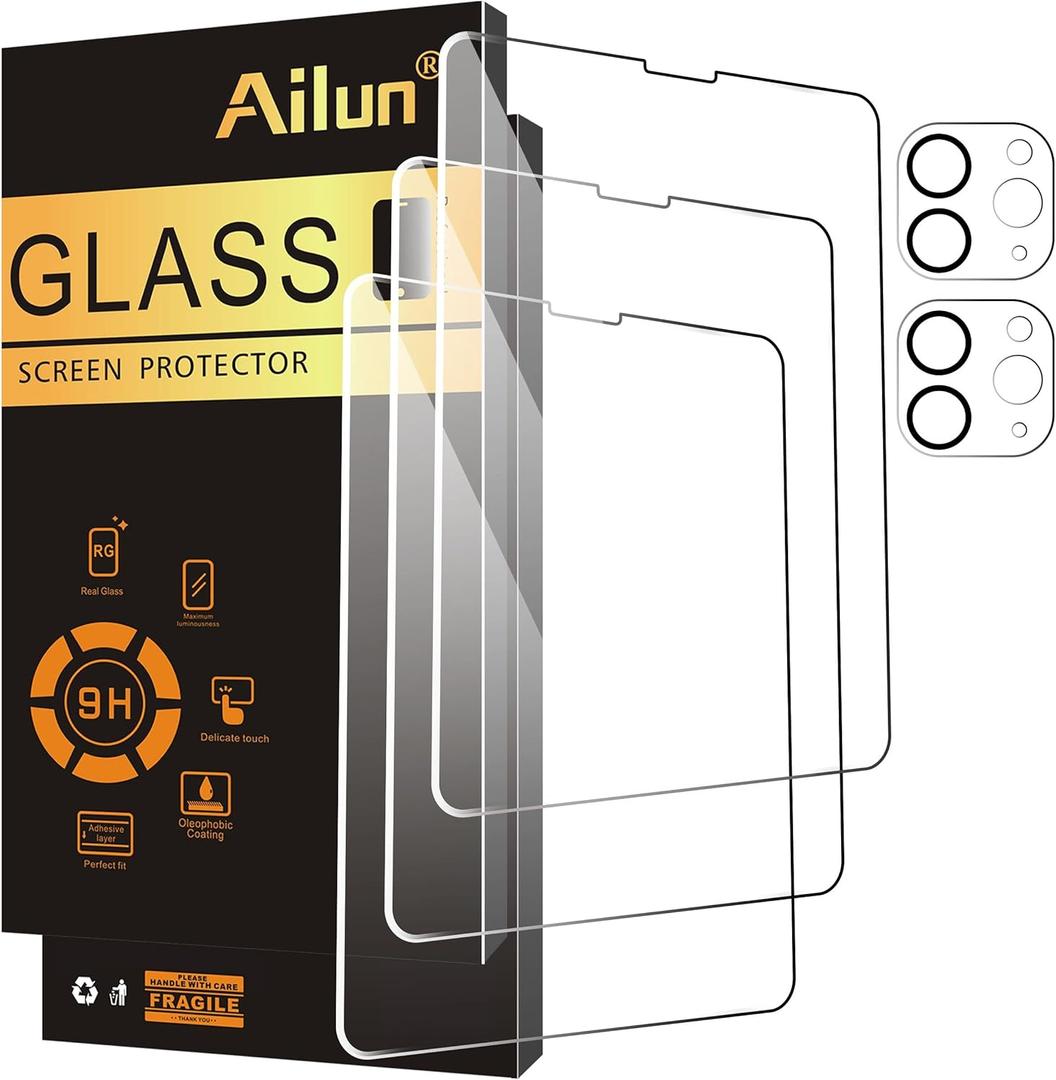 Ailun Screen Protector for iPad Pro 11 inch 2022/2021/2020 (4th/3rd/2nd Generation) 3 Pack + 2 Pack Camera Lens Protector, Tempered Glass, Face ID & Apple Pencil & Case Compatible