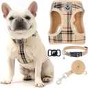 EXPAWLORER Plaid Small Dog Harness and Leash Set with AirTag Holder - Soft Padded Step in Dog Vest Harness Medium Sized Dog, No Pull Reflective Puppy Harness, Collar and Leash for Walking, Khaki, Medium