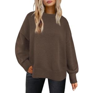 Womens Sweaters Crewneck Long Sleeve Pullover Tops Loose Fit Soft Knit Ribbed Hem Side Slit Casual Fall Winter Outfits (M)