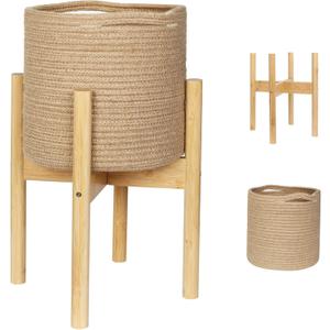 Plant Basket with Stand, Indoor Round Wicker Basket Plant with Bamboo Wood Stand, Decorative Woven Rope Flower Indoor Planter with Legs, Boho Bamboo Wood Planter Holder (Jute)