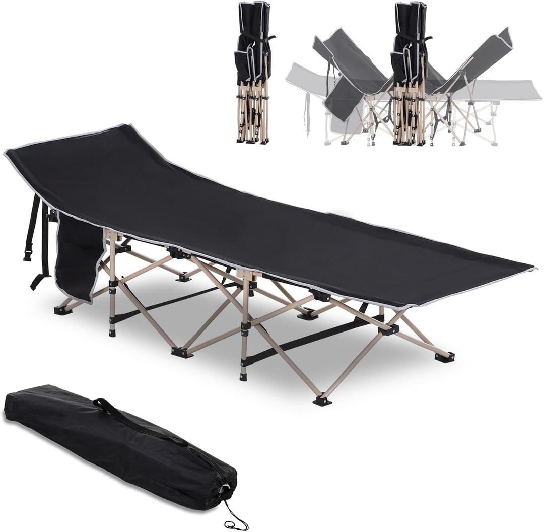 Folding Camping Cot for Adults with Carry Bag, Side Pocket, Outdoor Portable Sleeping Bed for Travel, Camp, Vacation, 330 lbs. Capacity, Black