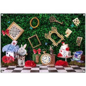 Yriujul 7x5ft Fabric Wonderland Enchanted Tea Party Photography Backdrop Kids Fairy Tale Green Grass Birthday Background Checkerboard Rabbit Photo Tapestry Props