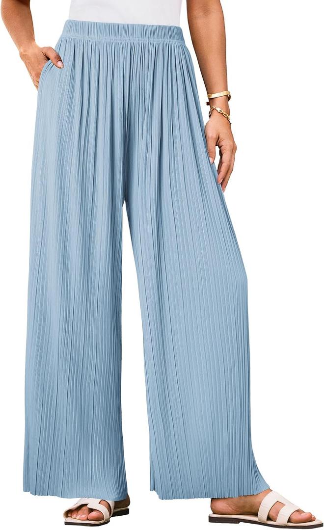 GRACE KARIN Womens Casual Wide Leg Pants Pleated High Elastic Waist Flowy Loose Beach Palazzo Pants Work Trousers Summer (Blue, M)